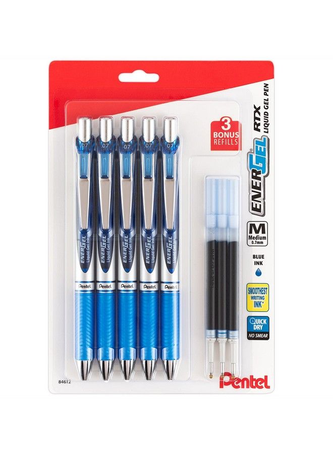 Pentel أقلام حبر جل سائل إنرجيل 0.7 مم عبوة من 5 أقلام زرقاء ديلوكس RTX إنرجيل مع 3 إعادة تعبئة - Image 1