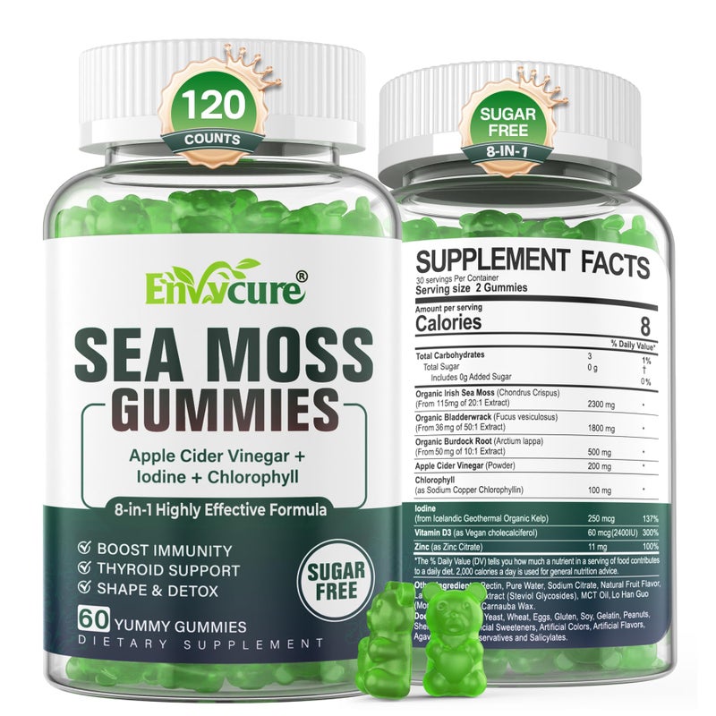 Sea Moss Gummies SugarFree Extra Strength Irish Moss Gel Supplement with Iodine Chlorophyll Unfiltered ACV D3 Burdock Root Bladderwrack for Immune Digestive Skin Hair Detx Vegan 2Pack
