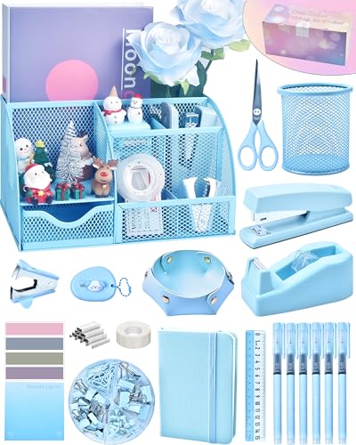 LXEVIHK Blue Desk Accessories, 26Pcs Office Supplies and Desk Organizers, with Tape Dispenser, Stapler, Staple Remover, Ect, Gift Box Packaging - Image 1