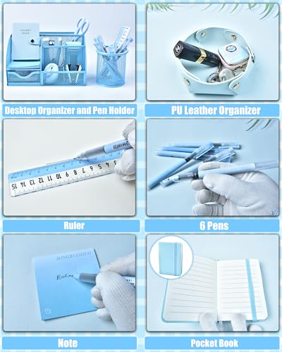 LXEVIHK Blue Desk Accessories, 26Pcs Office Supplies and Desk Organizers, with Tape Dispenser, Stapler, Staple Remover, Ect, Gift Box Packaging - Image 4