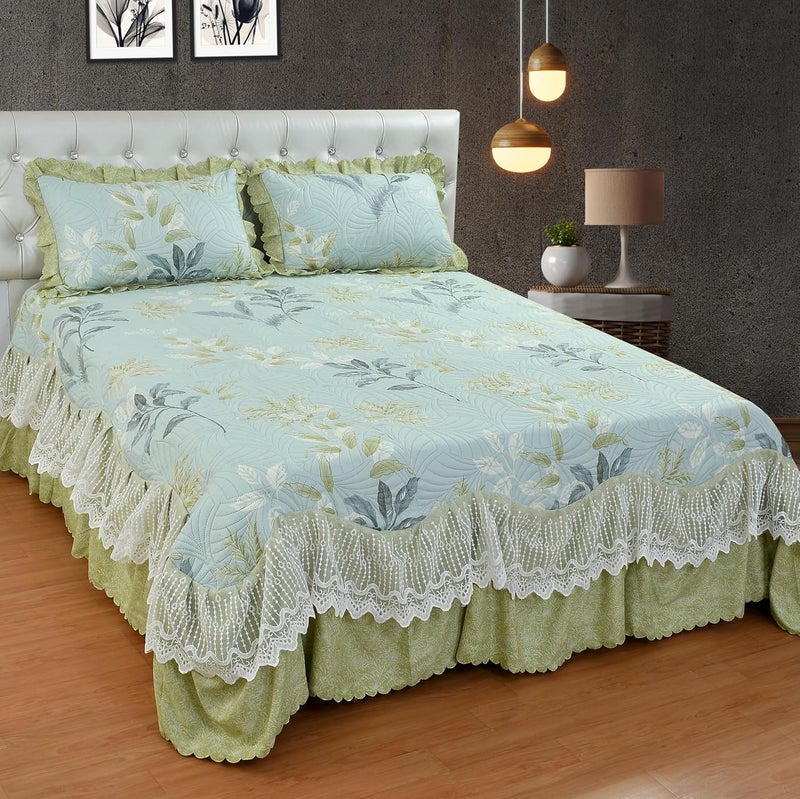 The Little Big Store The Little Big Store King Size Quilted Soft Bedsheet Cotton Feel Bedspread 350 GSM 72x78 Bed Cover with 2 Pillow Covers Bed Skirt with Ruffle Fringe Side Frills Ruffles Pleated Laces  - Image 1