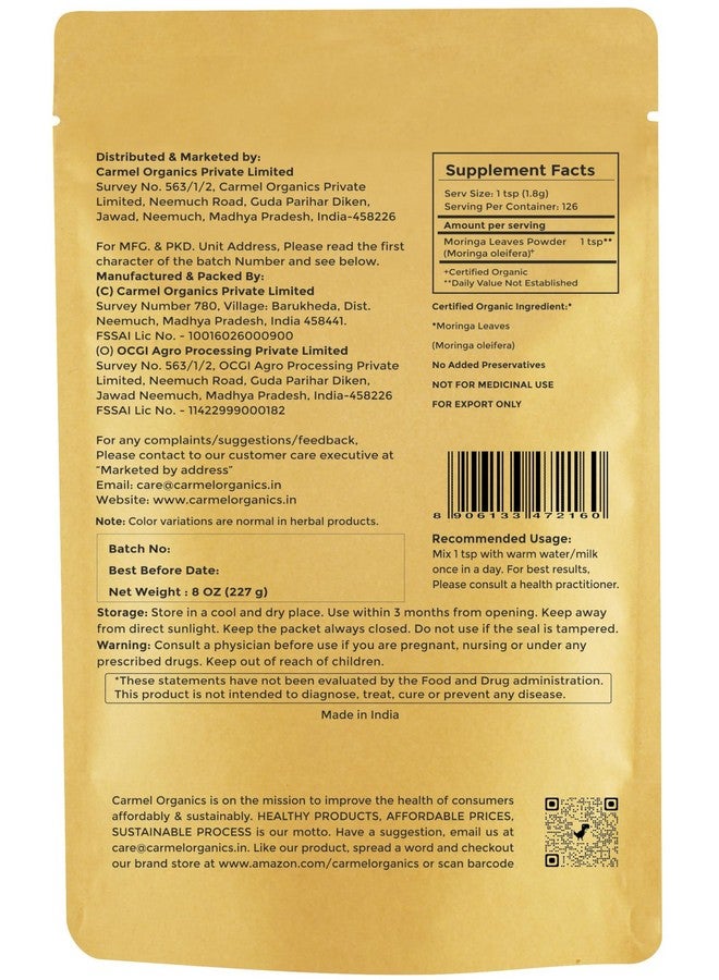 CARMEL ORGANICS Moringa Leaves Powder (8 Ounce) | Non GMO | Super Food for Smoothies and Drinks | Natural | No Added Preservative or Additive | Moringa Oleifera Powder  - Image 2