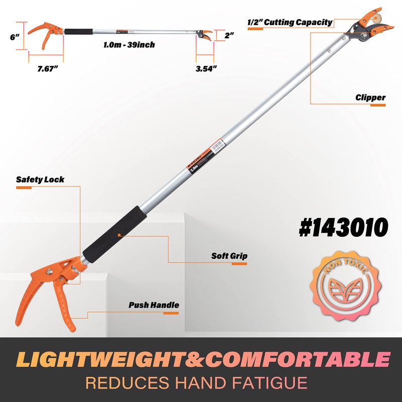 KSEIBI 143010 Long Reach 3.5 ft (1.0m) Cut & Hold Bypass Pruner - Lightweight Aluminum, Rust-Resistant, Ergonomic Grip, 1/4" Max Cut - Ideal for Precision Gardening & Pruning - Image 2