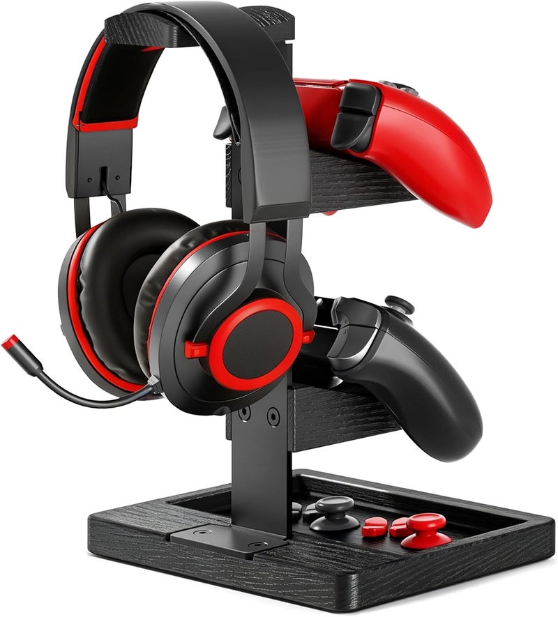 HUMANCOZY Solid Wood Controller Holder and Headphone Stand, Gaming Controller Stand for Desk, Dual Controller Organizer Rack, Fits Xbox, PS4, PS5, Gamepad, Headset Holder for Son, Husband, Boyfriend（Black） - Image 1