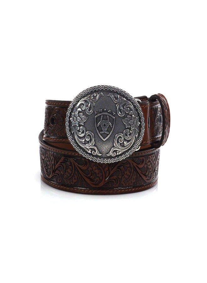 ARIAT Boy's Floral Embossed Leather Belt with Berry Edged Removable Buckle, Brown, Size 28 - Image 1