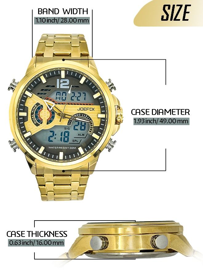 Luxury Stainless Steel Analog Digital Watch Waterproof Sports Quartz Multifunctional Wristwatch with Stopwatch Alarm LED Backlight Gold Black
