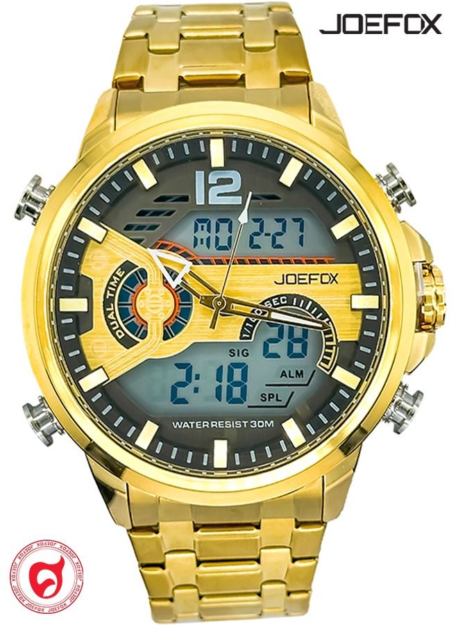 Luxury Stainless Steel Analog Digital Watch Waterproof Sports Quartz Multifunctional Wristwatch with Stopwatch Alarm LED Backlight Gold Black
