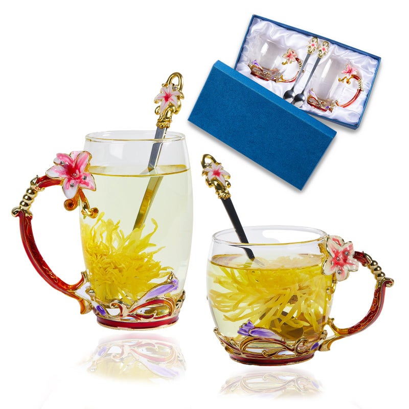Dumvoin Tea Cup Glass Coffee Mugs Fancy Tea Cup Set Birthday Christmas Valentine'S Day Gift Idea For Tea Lover And Women Novelty Coffee Mugs Lily Flower Enamel Tea Cup With Spoon - Image 1