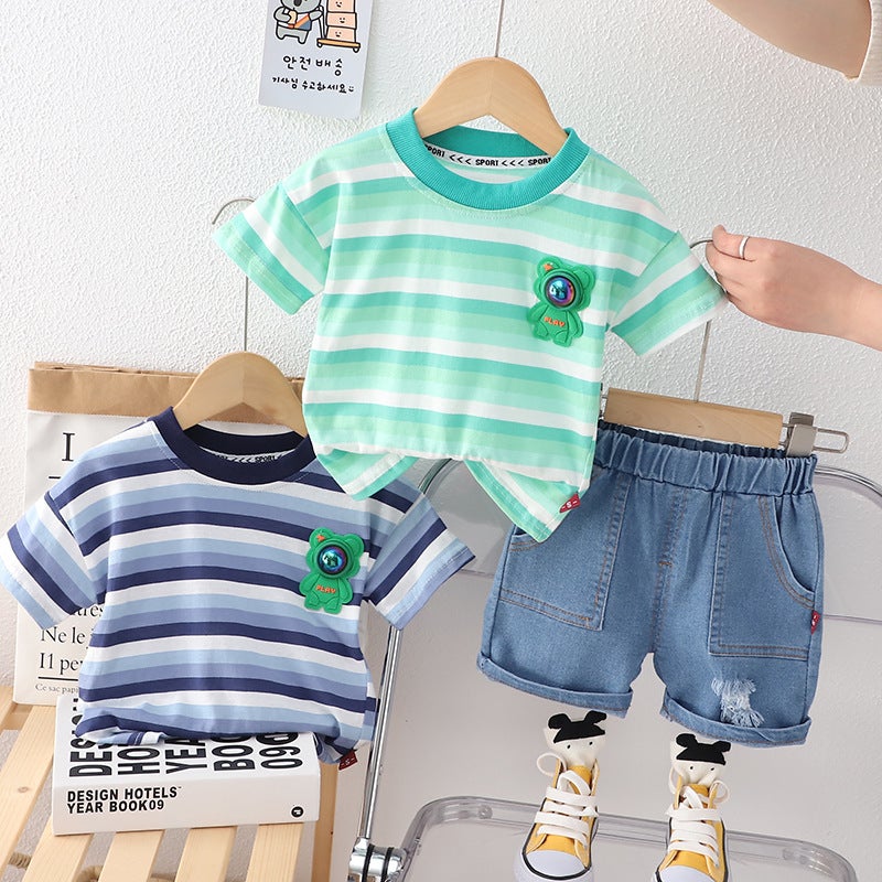Summer children's striped T-shirt children's wear little boy short-sleeved boy's casual top jeans two-piece - Image 2