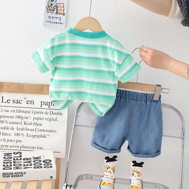 Summer children's striped T-shirt children's wear little boy short-sleeved boy's casual top jeans two-piece - Image 5
