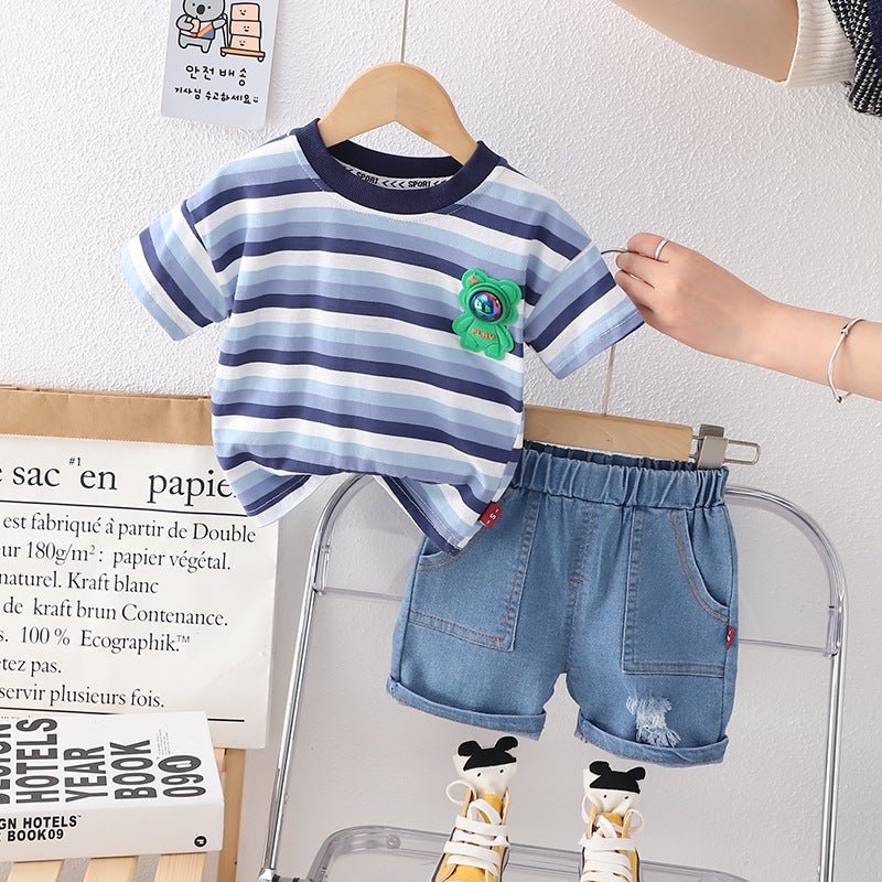 Summer children's striped T-shirt children's wear little boy short-sleeved boy's casual top jeans two-piece - Image 4