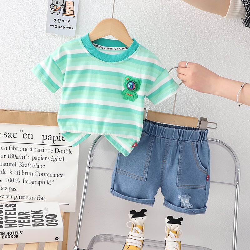 Summer children's striped T-shirt children's wear little boy short-sleeved boy's casual top jeans two-piece - Image 3