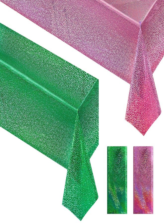 Just Shimmer 2 Pieces Pink & Green Holographic Tablecloth 40" x 108" Party Decoration Birthday Party Table Decor Iridescence Plastic Table Cloth for Bachelorette Supplies - Image 1