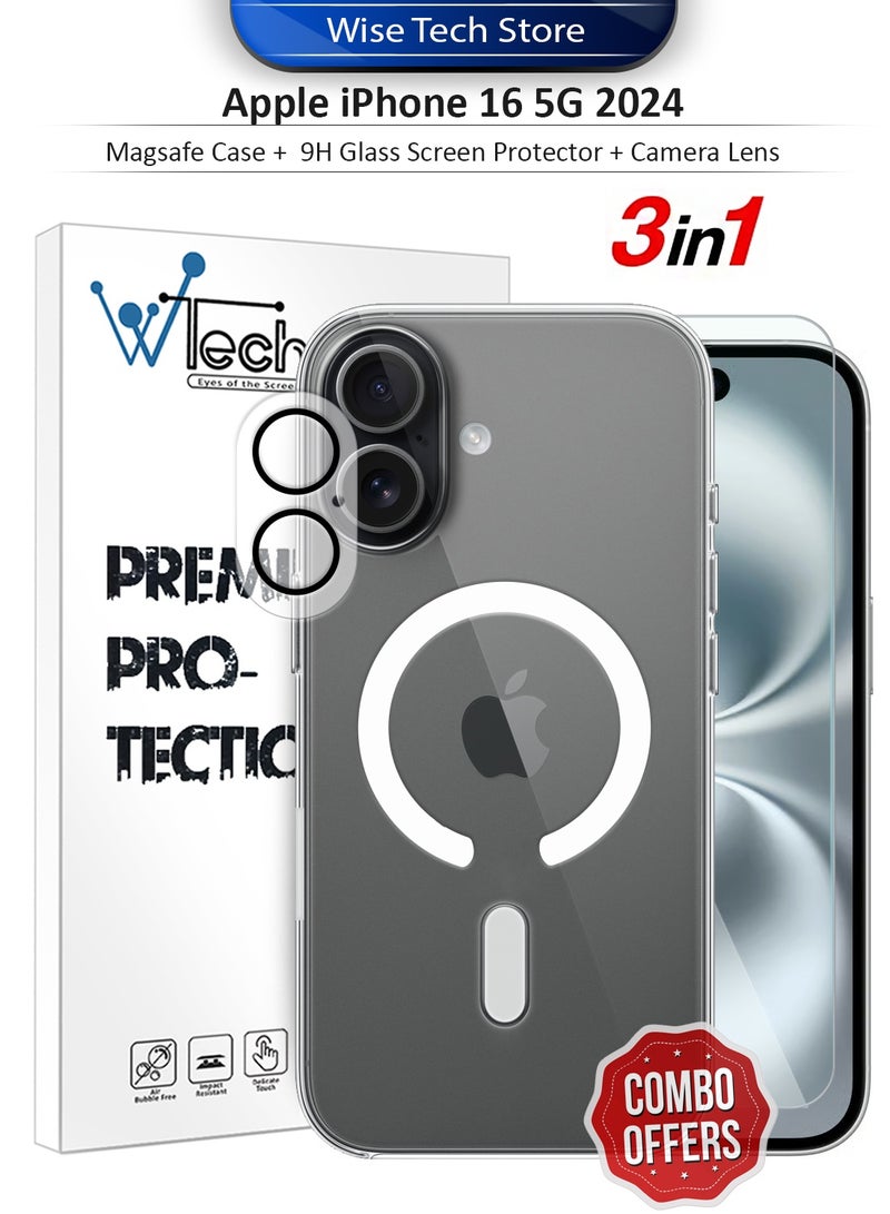 دبليو تيك هاتف آبل آيفون 16 5G 2024 حزمة حماية 3 في 1، غطاء شفاف فائق مضاد للصدمات مع ماجسيف، واقي شاشة زجاجي بصلابة 9H وحماية عدسة الكاميرا، حماية 360، تركيب سهل - شفاف - Image 1