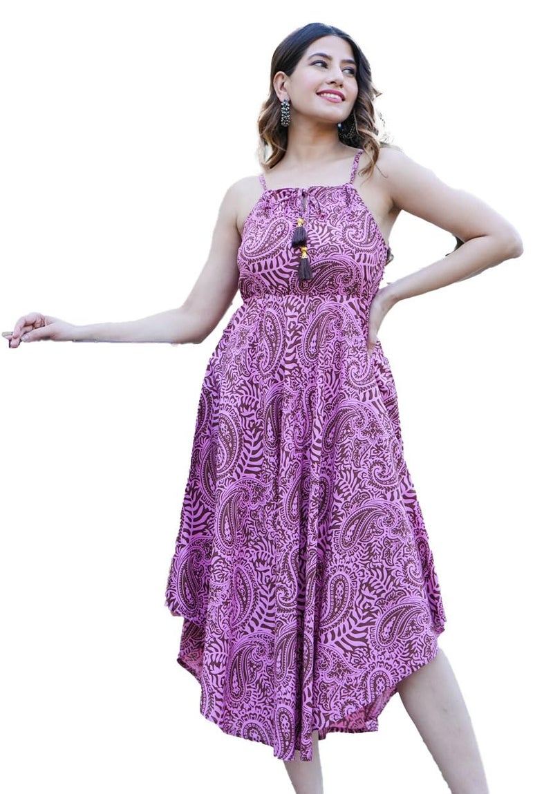 Yash Gallery Women’s Sleeveless Asymmetrical Hem Rayon Dress with Hand Block Print | Paisley Pattern Midi Dress | Ethnic Fusion Wear for Daily & Festive Occasions – Pink - Image 1