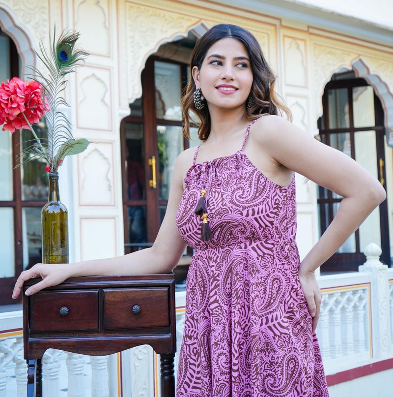 Yash Gallery Women’s Sleeveless Asymmetrical Hem Rayon Dress with Hand Block Print | Paisley Pattern Midi Dress | Ethnic Fusion Wear for Daily & Festive Occasions – Pink - Image 5