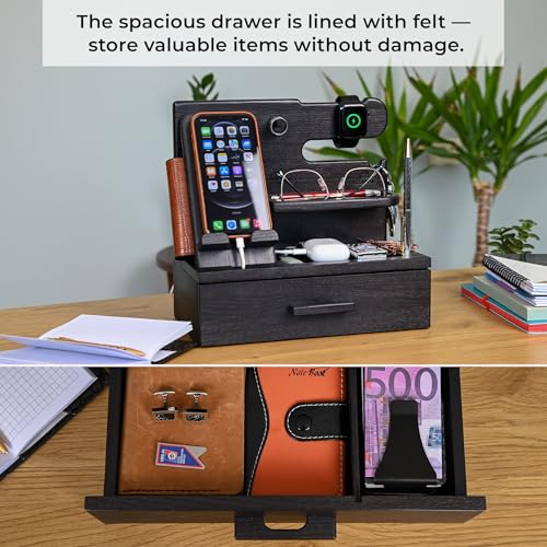 TESLYAR Wood Phone Docking Station with Drawer - Nightstand Organizer - Desk Organizer for Husband - Birthday Gifts for Men, Dad, Anniversary Idea, Key Holder Stand Watch & Accessories (Granite Black) - Image 2
