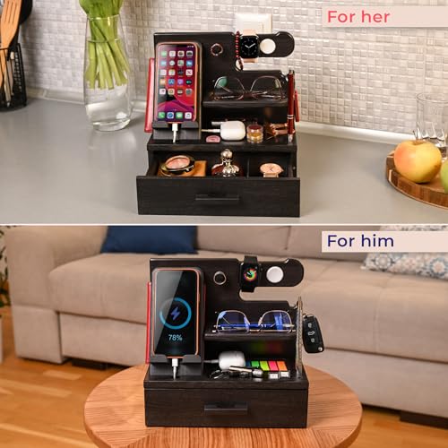 TESLYAR Wood Phone Docking Station with Drawer - Nightstand Organizer - Desk Organizer for Husband - Birthday Gifts for Men, Dad, Anniversary Idea, Key Holder Stand Watch & Accessories (Granite Black) - Image 4