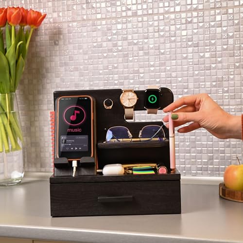 TESLYAR Wood Phone Docking Station with Drawer - Nightstand Organizer - Desk Organizer for Husband - Birthday Gifts for Men, Dad, Anniversary Idea, Key Holder Stand Watch & Accessories (Granite Black) - Image 5