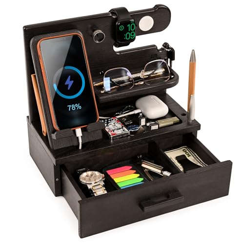 TESLYAR Wood Phone Docking Station with Drawer - Nightstand Organizer - Desk Organizer for Husband - Birthday Gifts for Men, Dad, Anniversary Idea, Key Holder Stand Watch & Accessories (Granite Black) - Image 1