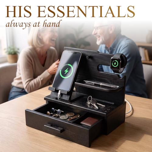 TESLYAR Wood Phone Docking Station with Drawer - Nightstand Organizer - Desk Organizer for Husband - Birthday Gifts for Men, Dad, Anniversary Idea, Key Holder Stand Watch & Accessories (Granite Black) - Image 3