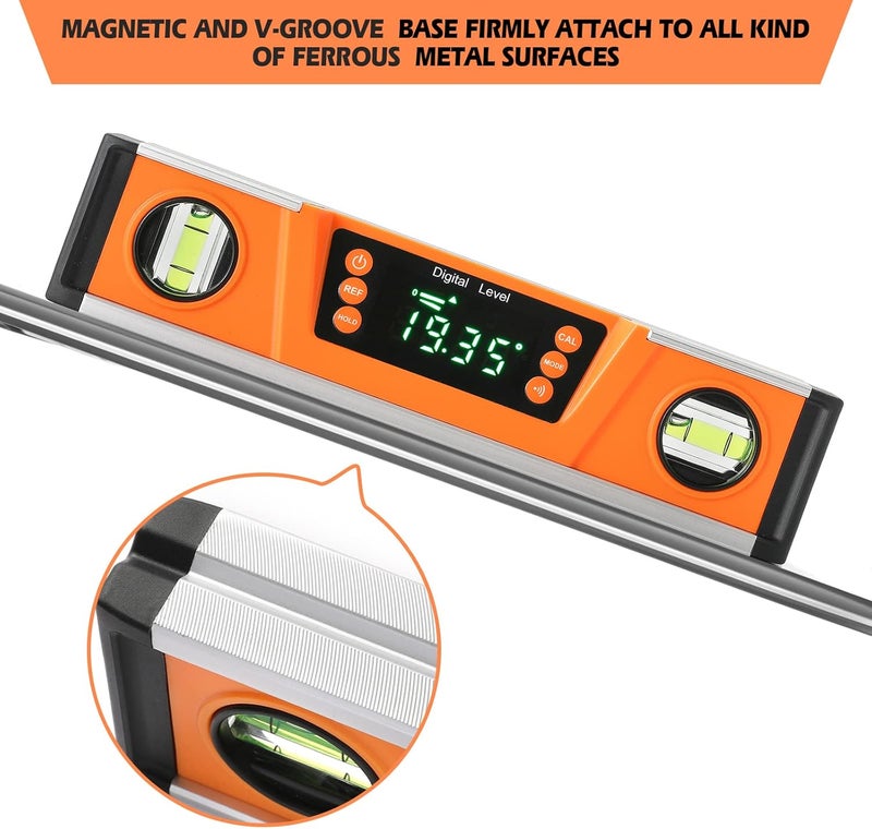2PM TOOLS 10-Inch Digital Torpedo Level and Protractor | Neodymium Magnets | Bright LED Display | V-GROOVE MAGNETIC BASE | IP54 Dust/Water Resistant smart level with Carrying Bag - Image 4