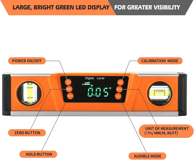 2PM TOOLS 10-Inch Digital Torpedo Level and Protractor | Neodymium Magnets | Bright LED Display | V-GROOVE MAGNETIC BASE | IP54 Dust/Water Resistant smart level with Carrying Bag - Image 2