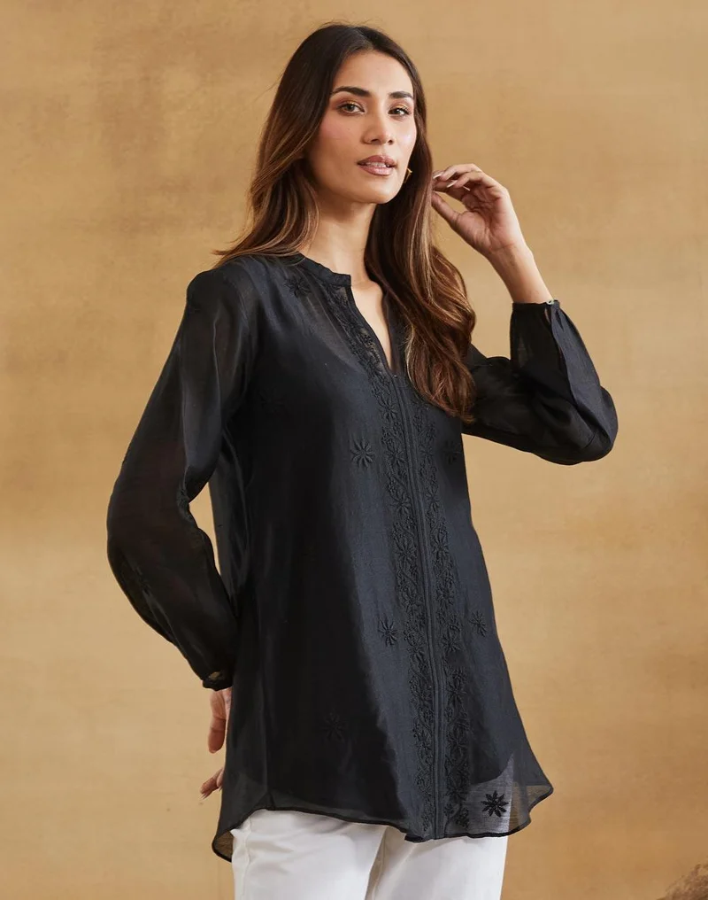Fabindia  Black Cotton SILK Chikankari Clara Tunic & Slip for Women | Best Price UAE