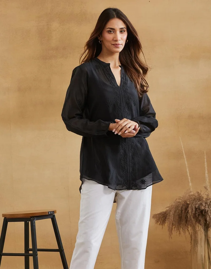 فاب انديا Black Cotton SILK Chikankari Clara Tunic & Slip
