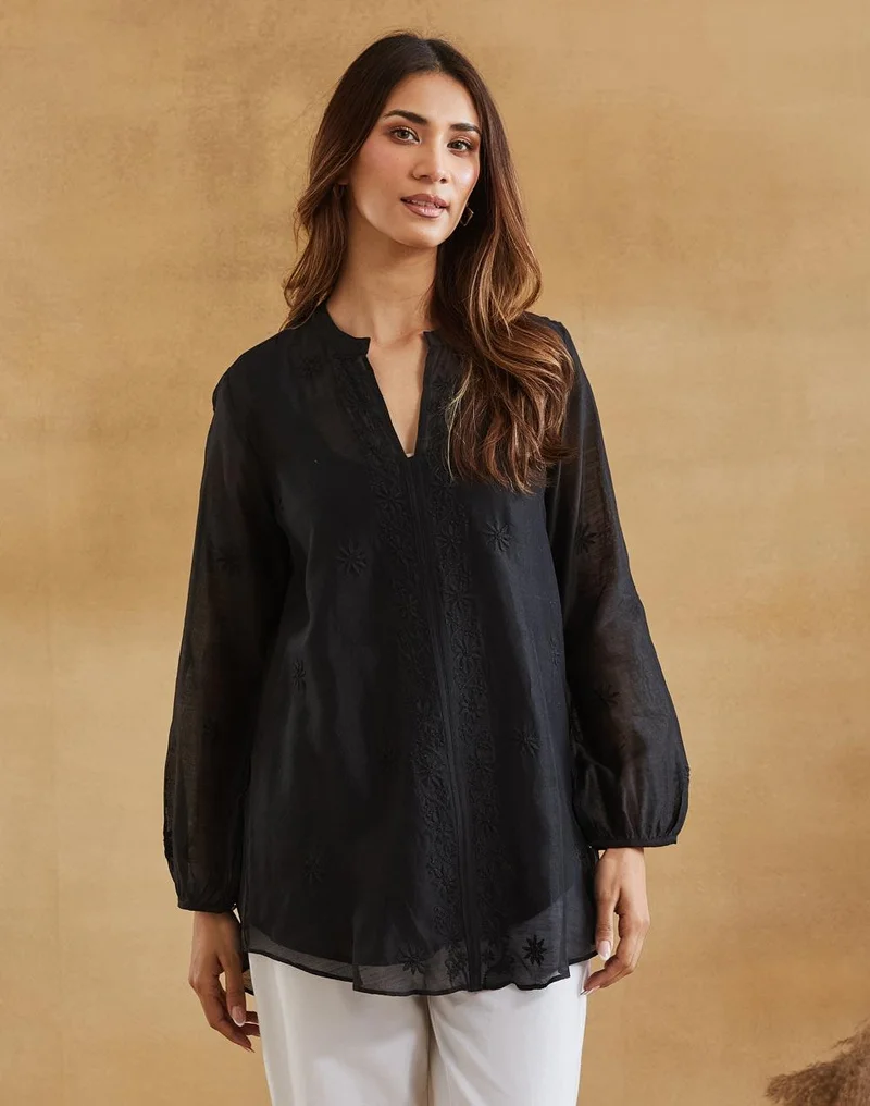 فاب انديا Black Cotton SILK Chikankari Clara Tunic & Slip