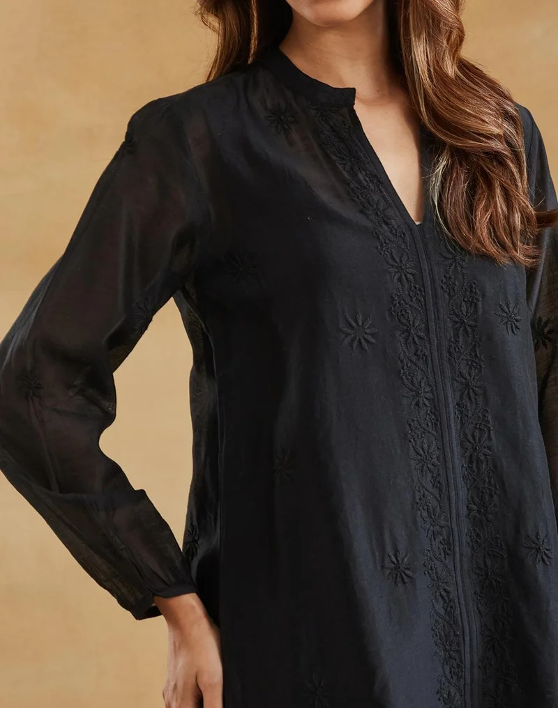 Fabindia  Black Cotton SILK Chikankari Clara Tunic & Slip for Women | Best Price UAE