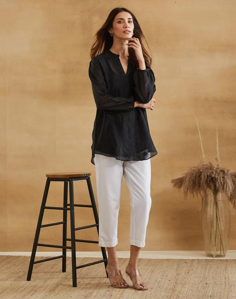 Fabindia  Black Cotton SILK Chikankari Clara Tunic & Slip for Women | Best Price UAE