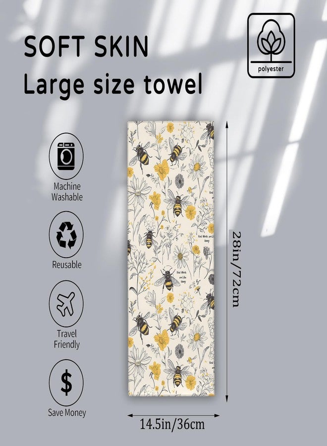 VODRM Bee Floral Hand Towels 2PCS, Bumblebee and Yellow Flower Polyester Bath Towel Set, Vintage Botanical Sketch Design for Women, Bathroom, Spa, Gym, Kitchen, Travel Decor Gifts, 14.5x28 Inch - Image 2
