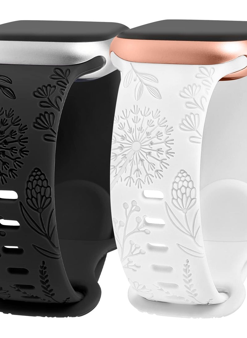 SOLARAE Compatible with Apple Watch Straps 42mm 44mm 45mm 49mm, Soft Silicone Sport Strap Women Engraved Dandelion Pattern Replacement for iWatch Series 8/7/SE/6/5/4/3/2/1, Black+White - Image 1