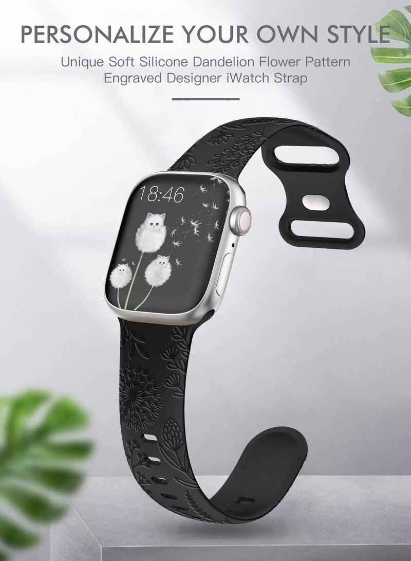 SOLARAE Compatible with Apple Watch Straps 42mm 44mm 45mm 49mm, Soft Silicone Sport Strap Women Engraved Dandelion Pattern Replacement for iWatch Series 8/7/SE/6/5/4/3/2/1, Black+White - Image 3