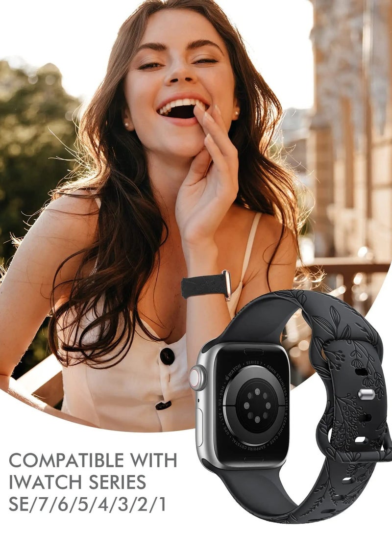 SOLARAE Compatible with Apple Watch Straps 42mm 44mm 45mm 49mm, Soft Silicone Sport Strap Women Engraved Dandelion Pattern Replacement for iWatch Series 8/7/SE/6/5/4/3/2/1, Black+White - Image 4