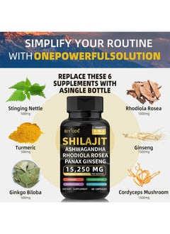 BIYODE 60pcs 15250mg Shilajit Capsule，Shilajit Capsules Himalayan 8-in-1Concentrated，Improve Metabolism, Relieve Stress, Enhance Thinking And Memory  - Image 2