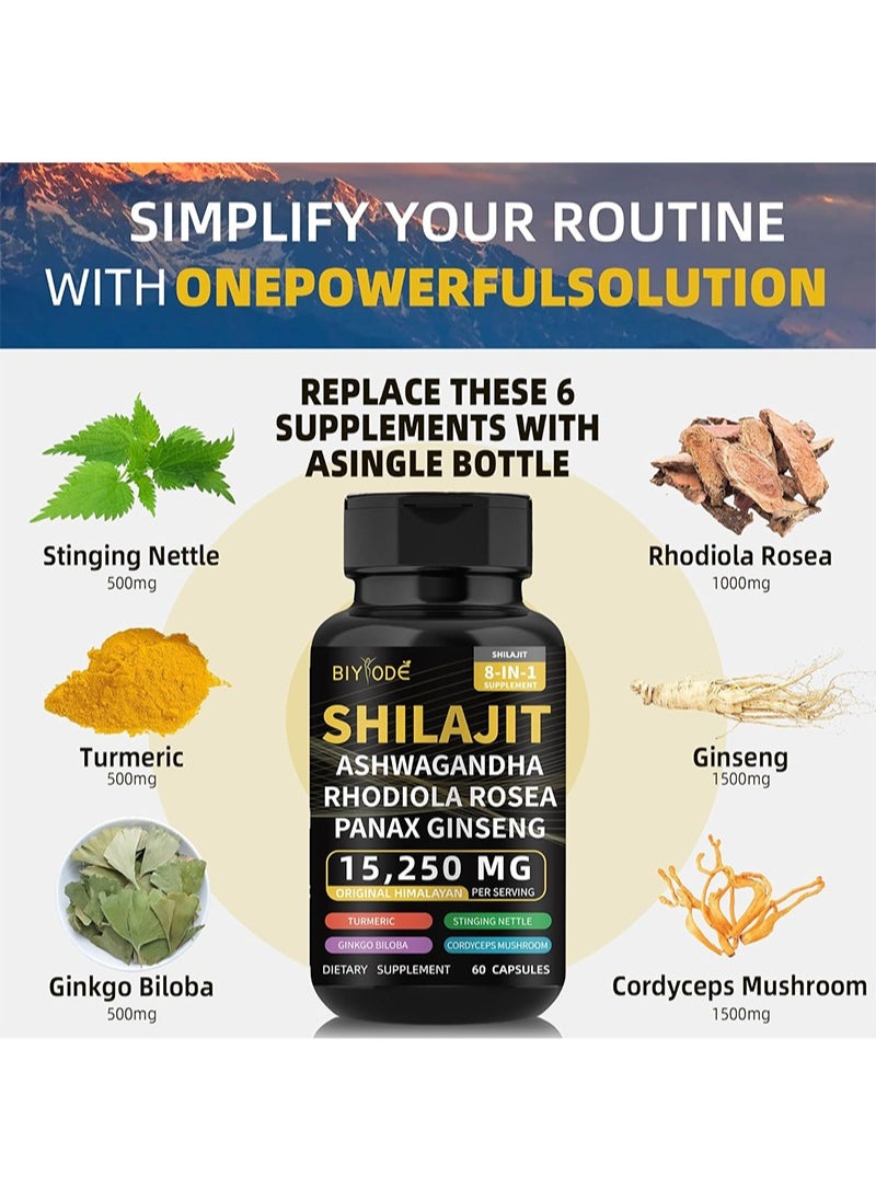 BIYODE 60pcs 15250mg Shilajit Capsule，Shilajit Capsules Himalayan 8-in-1Concentrated，Improve Metabolism, Relieve Stress, Enhance Thinking And Memory  - Image 2