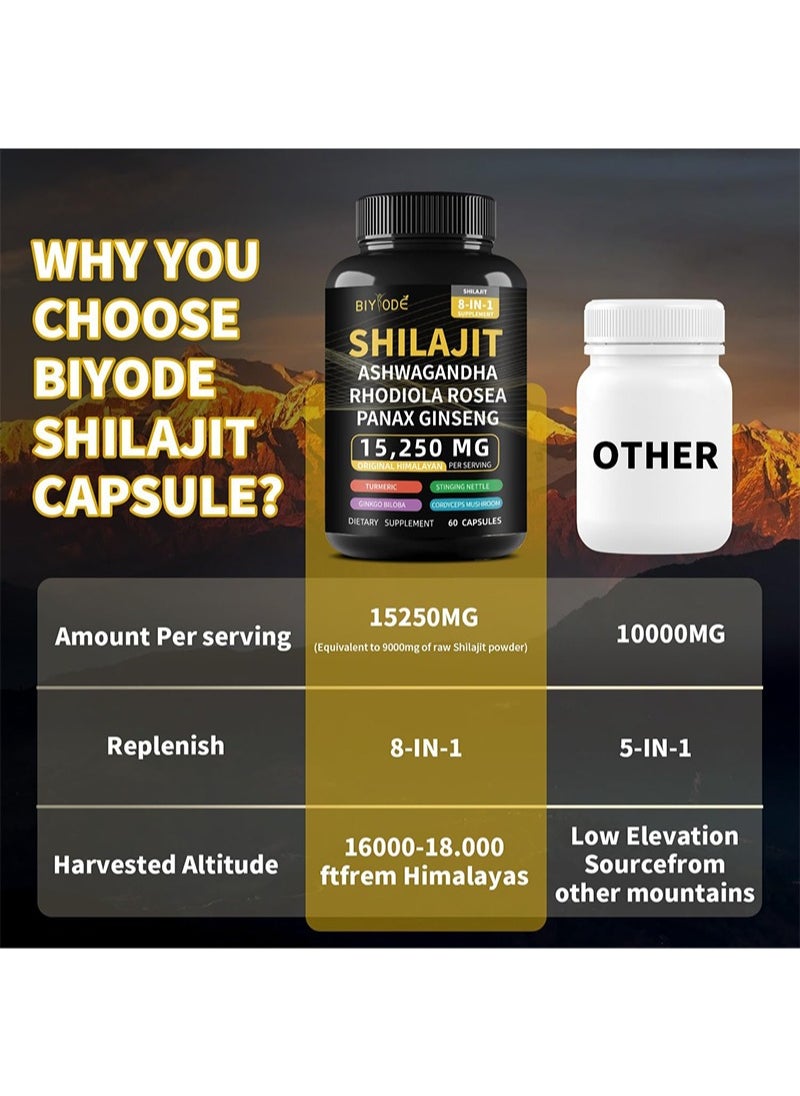 60pcs 15250mg Shilajit Capsule，Shilajit Capsules Himalayan 8-in-1Concentrated，Improve Metabolism, Relieve Stress, Enhance Thinking And Memory