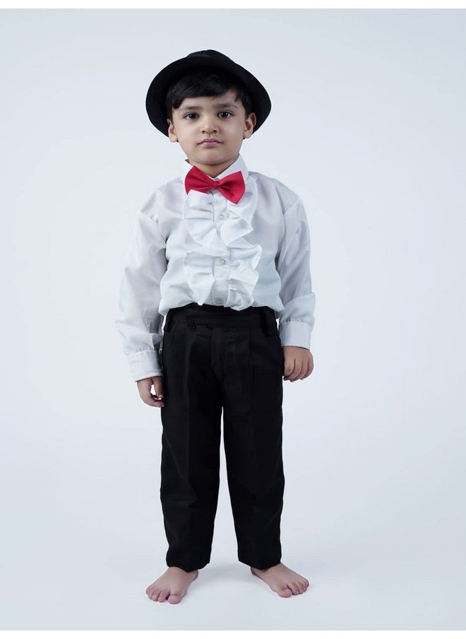 بوك ماي كوستيوم طقم ملابس تنكرية للأطفال من BookMyCostume، قميص أبيض مكشكشة، بنطال أسود، قبعة وربطة عنق، مناسب للرقص الغربي في قاعة الرقص، مناسب للأعمار من 6 إلى 7 سنوات  - Image 1