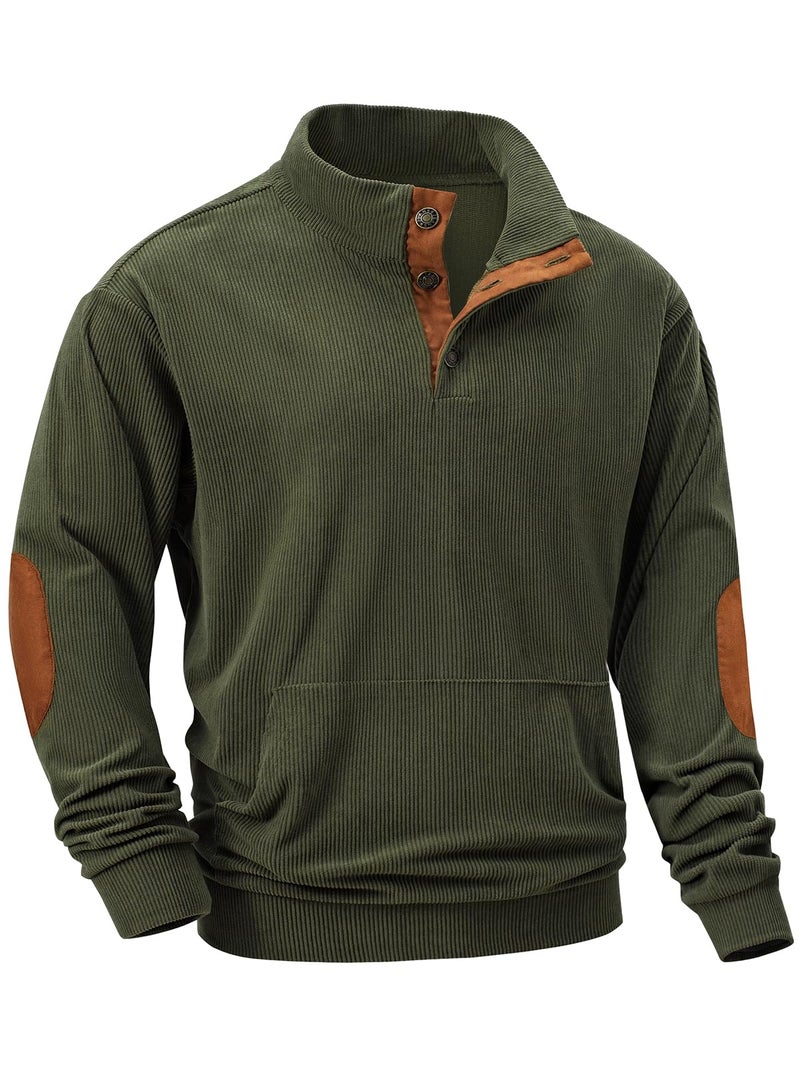 JMIERR Mens Pullover Sweatshirts Casual Long Sleeve 1/4 Button Corduroy Fall Sweaters Jackets Big Tall Size with Pockets, 3XL, Jungle Green - Image 1