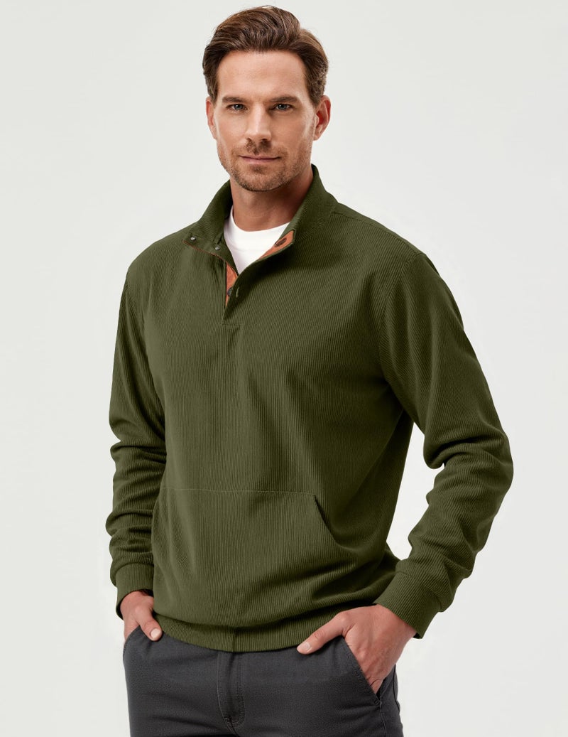 JMIERR Mens Pullover Sweatshirts Casual Long Sleeve 1/4 Button Corduroy Fall Sweaters Jackets Big Tall Size with Pockets, 3XL, Jungle Green - Image 2