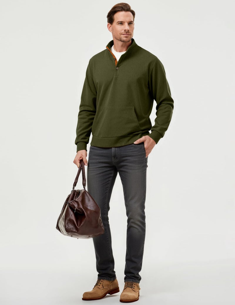 JMIERR Mens Pullover Sweatshirts Casual Long Sleeve 1/4 Button Corduroy Fall Sweaters Jackets Big Tall Size with Pockets, 3XL, Jungle Green - Image 3