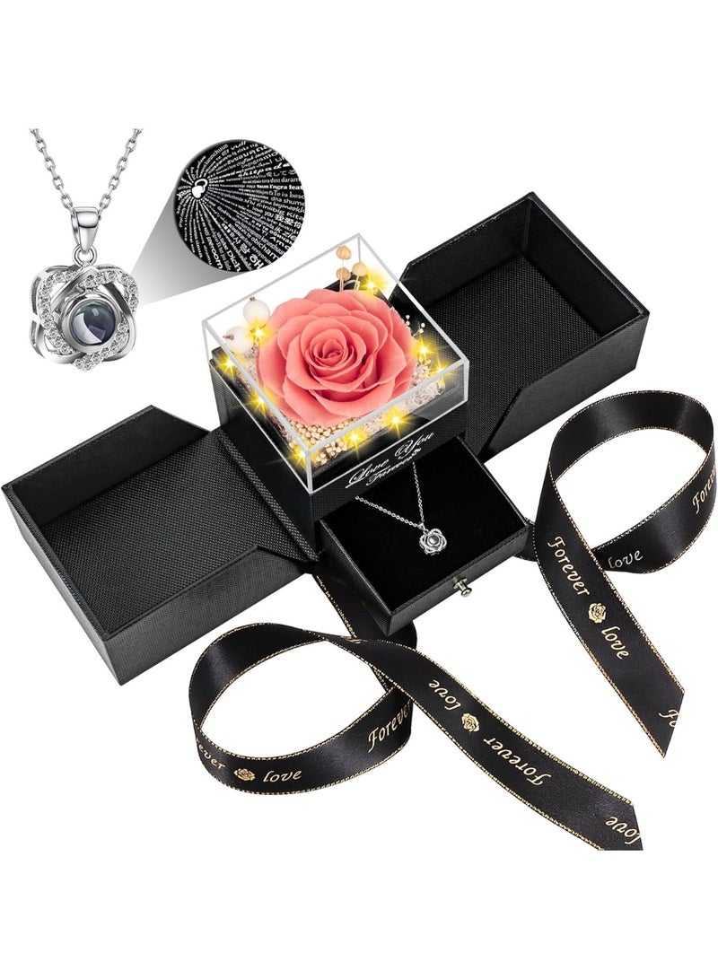 Preserved Pink Peach Real Rose with Heart I Love You Necklace -Eternal Flowers Rose Birthday Gifts for Women Her Mom Wife Girlfriend Grandma on Valentines Mothers Day Anniversary - Image 1
