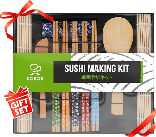 Soeos Beginner Sushi Making Kit 10 Piece Bamboo Sushi Kit with 2 Bamboo Rolling Mats 5 Pairs Chopsticks Paddle and Spreader All Natural Sushi Making Kit Gift Set Sushi Maker Kit Sushi Maker