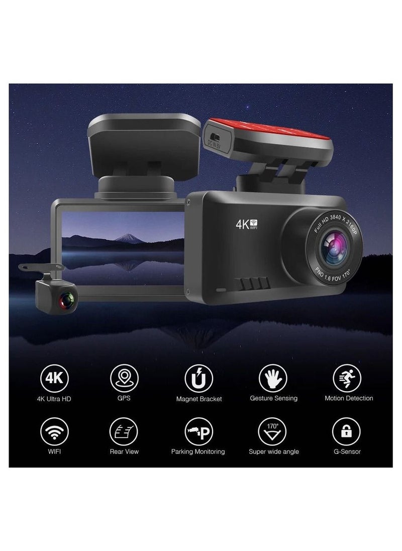 4K Dash Cam 3840*2160P Built-in GPS/WiFi Dual Dash Cam for Car,Dash Cam Front and Rear with Sony Sensor, 170° FOV, WDR, Night Vision, Parking Monitor