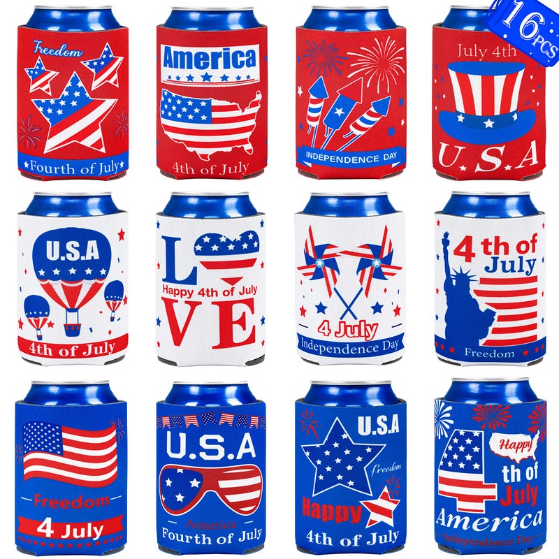 jollylife 16PCS 4thFourth of July Decorations Can Cooler Sleeves for Independence Day Memorial Day Patriotic Party Supplies