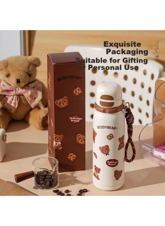 Beddybear Dual-layer Insulated Sports Water Bottle With Straw For Men And Women, Large Capacity Student Cup 600ml Greedy Bear Desig - Image 2
