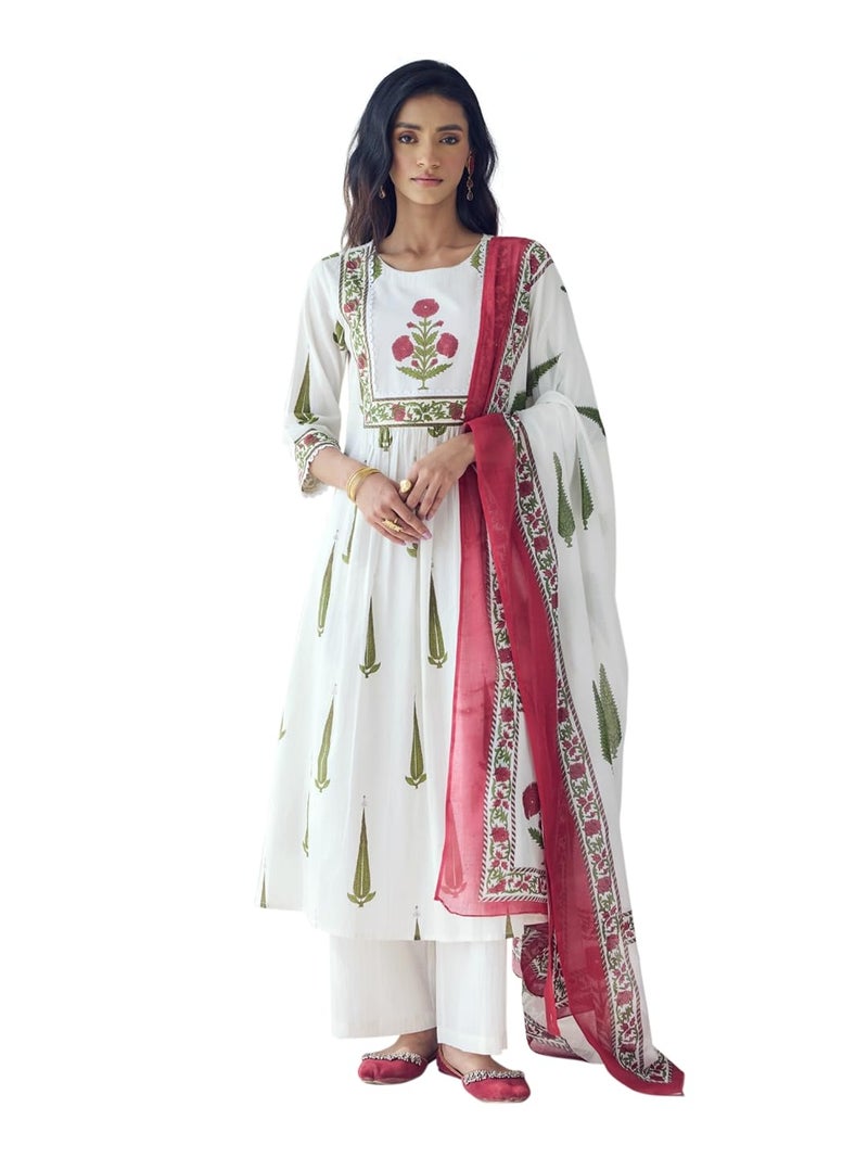 FIORRA Women's Off-White Printed Anarkali Kurta Set with Dupatta - Image 1