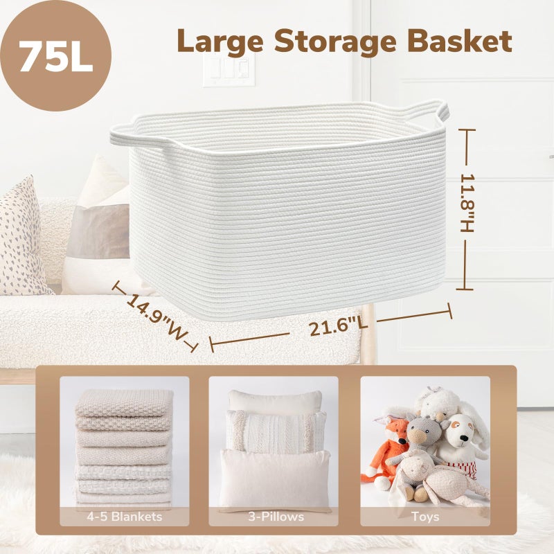 Goodpick Large Blanket Basket Living Room, Storage Baskets for Organizing, Woven Rope Laundry Basket for Toy Storage, 21.6" x 14.9" x 11.8", White - Image 3